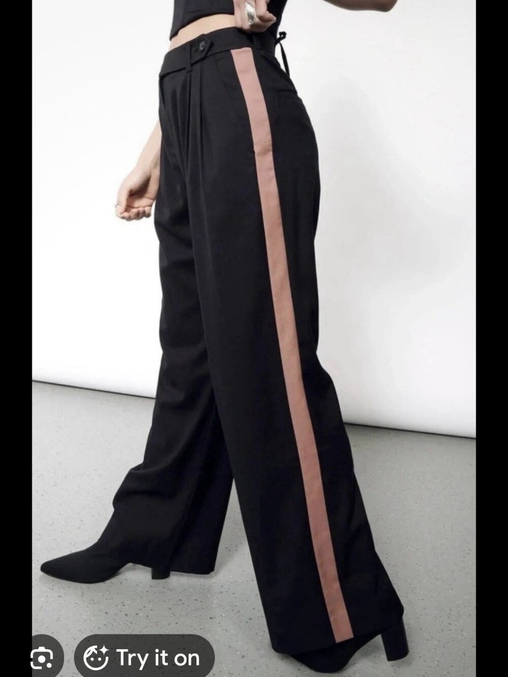 WILDFANG Empower Wide Leg Trouser Pants Black Pink Side Stripe Career Chic